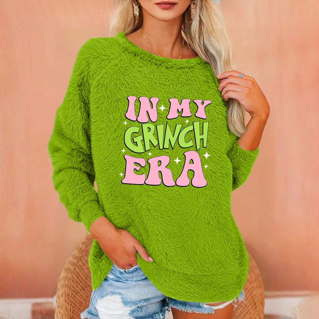 Women's Fashionable Round Neck Long Sleeved Christmas Printed Loose Plush Warm Pullover Top