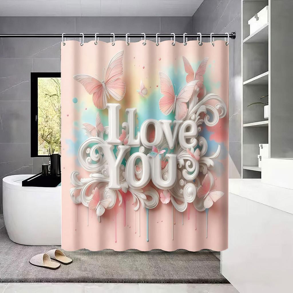 4pcs imitation relief pink Valentine's Day romantic print bathroom set waterproof shower curtain floor mat U-shaped toilet pad
