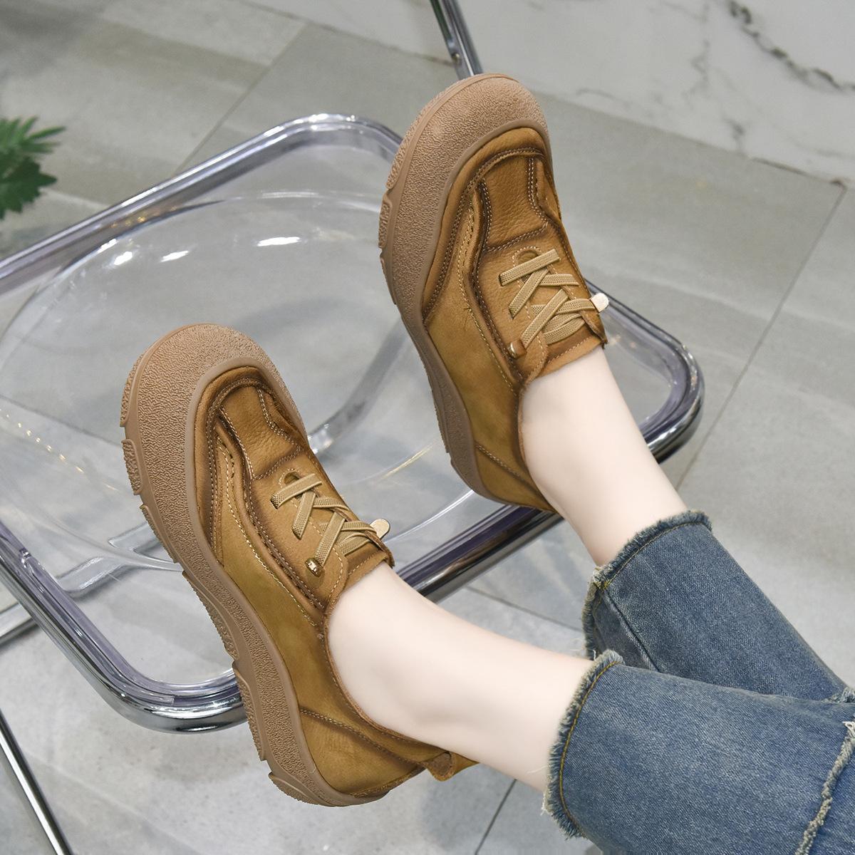 

Женские осенние ретро туфли-лодочки с круглым носком, удобные, на плоской подошве, из матовой коровьей кожи 41 хаки