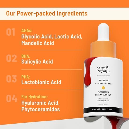 Chemist at play 26% AHA 2% BHA 4% PHA Roztwór peelingujący | Peeling chemiczny do twarzy | 10-minutowy peeling usuwający opaleniznę | Testowany dermatologicznie | 30 ml
