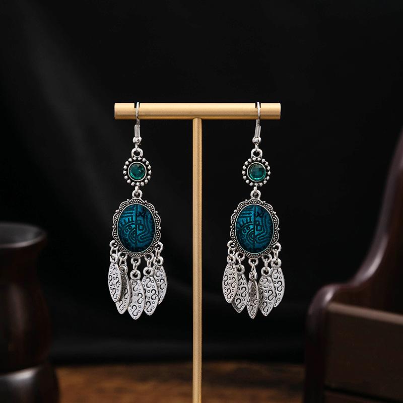 Turquoise Earrings, Vintage Owl Geometric Dream Catcher Feather Fringed Earrings Female
