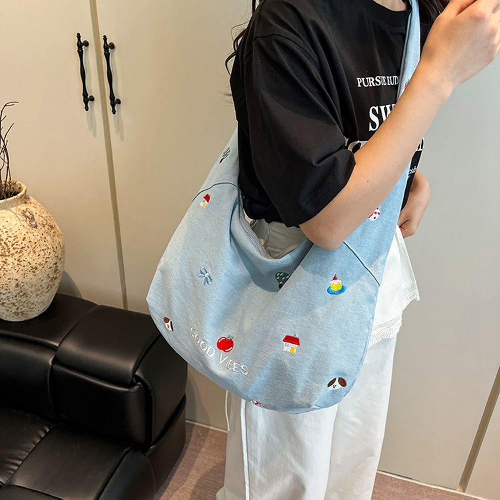 Sweet Women's Denim Shoulder Bag Large Capacity Messenger Bag Cute Embroidered Tote Bag  Outdoor