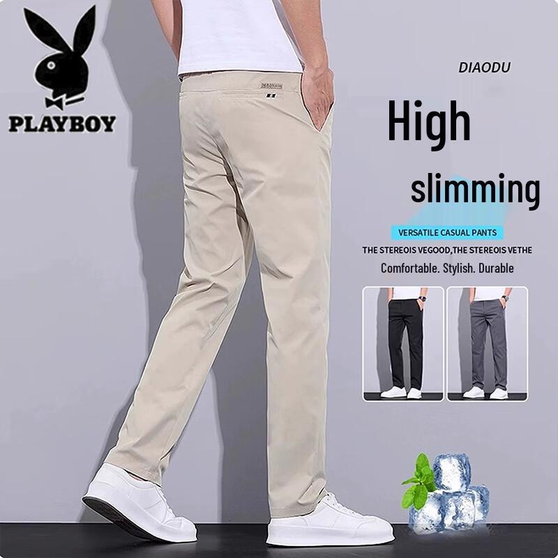 PLAYBOY Pantalon Décontracté Droit en Soie Glacée pour Homme