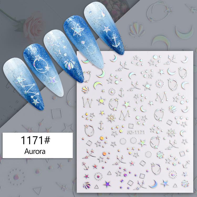 Iridescent Aurora Nail Stickers: Star, Rose, Heart, Smiley Face Decals - Self-Adhesive