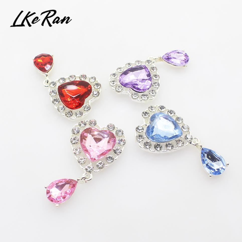 New 5Pcs 25mm*45mm Heart Acrylic Rhinestone Pendants Buttons For Wedding Decoration Metal Brooch Hair Bow DIY Jewelry Craft