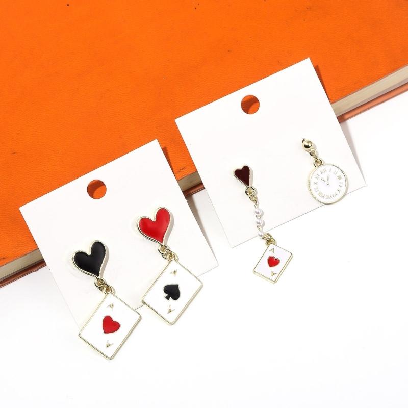 2 Pairs Trendy Clock Poker Card Drop Earrings Asymmetric Ear Accessories Stylish Earwear for Festivals and Gatherings
