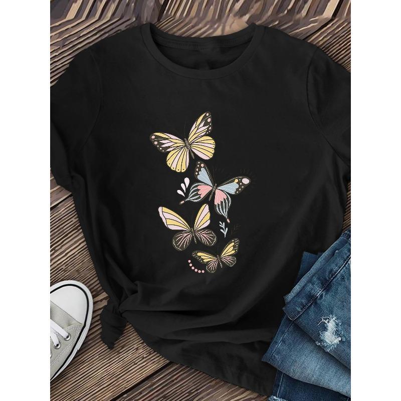 European Size Women's "Flying Butterfly" Printed Short-sleeved Shirt, Suitable for Daily Wear, Made of Soft and Breathable Polyester Fiber