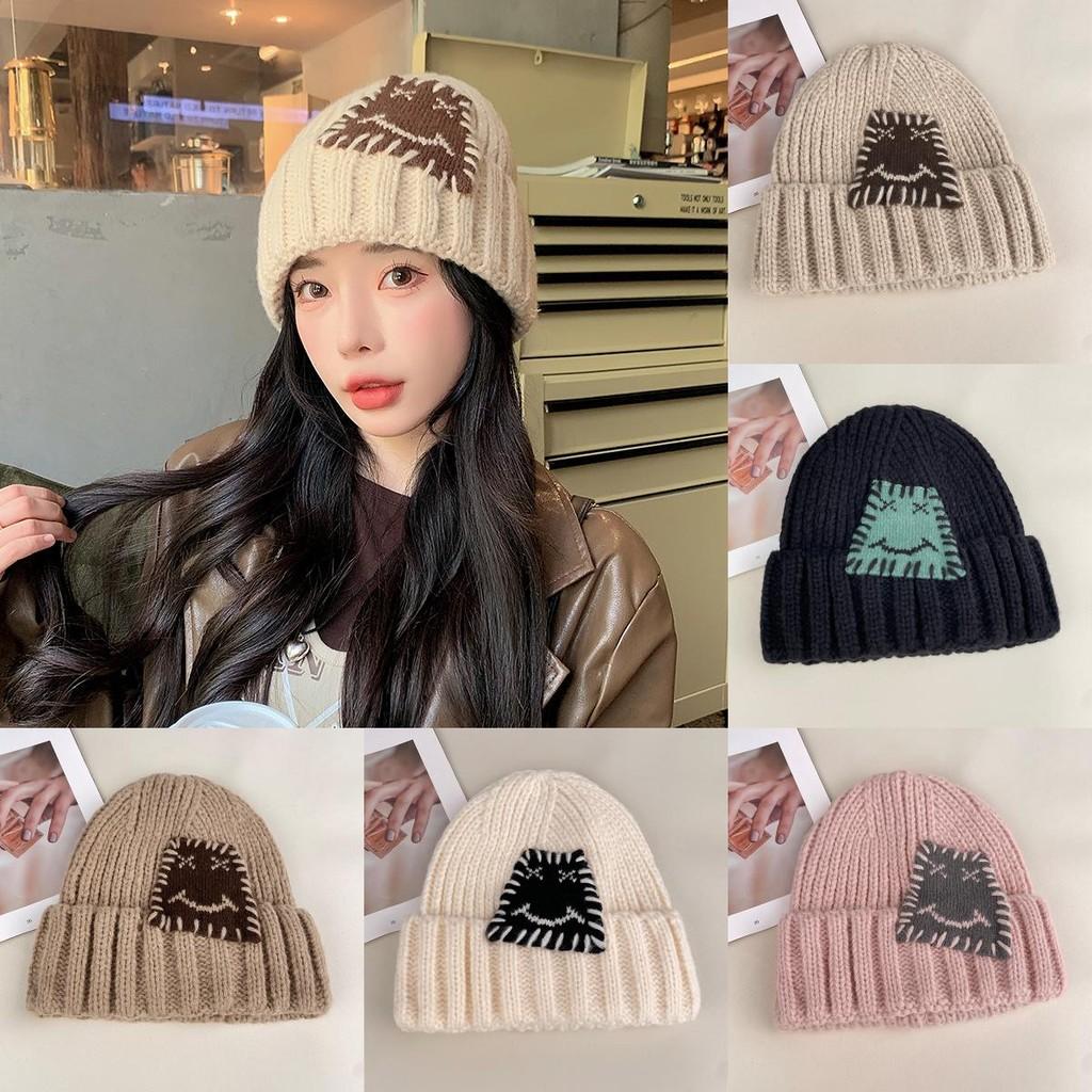 Expression Pattern Embroidery Knit Hat Women Autumn Winter Warm Thick Earmuff For Casual Outdoor Use