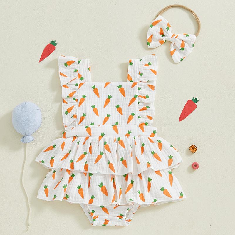 Citgeett Summer Easter Infant Baby Girl Bodysuit Carrot Print Flutter Sleeves Ruffled Jumpsuit Bow Headband Clothes