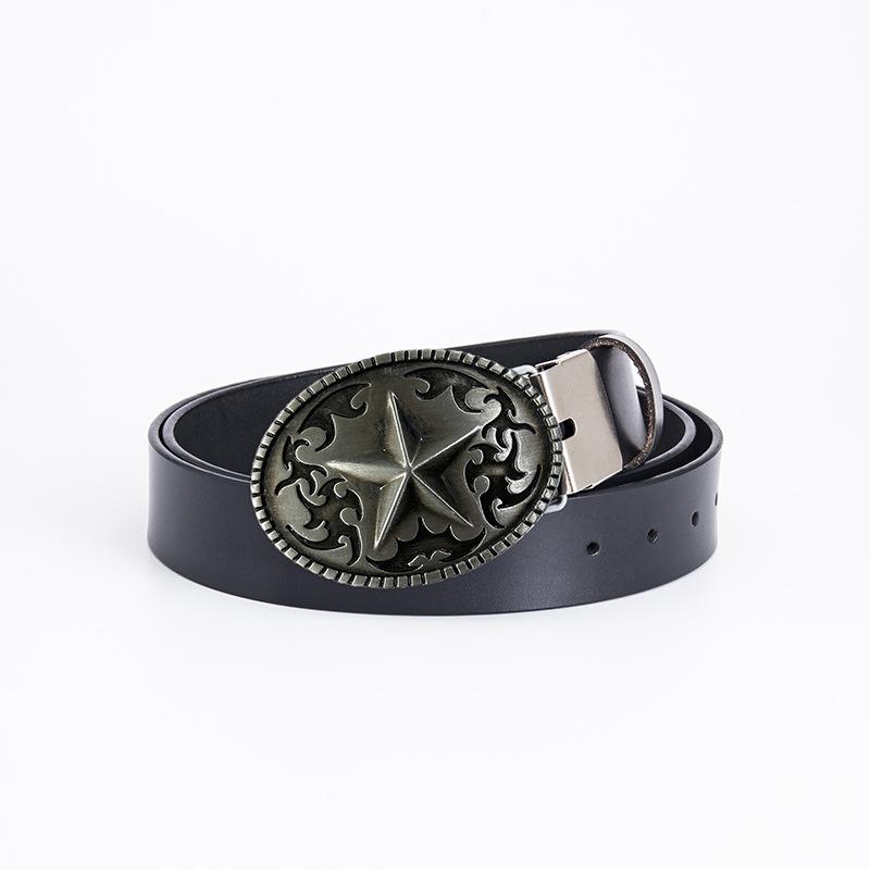 Pentagram Men's Cowhide Belt - Retro Smooth Buckle, Wide 130cm Decorative Trouser Belt