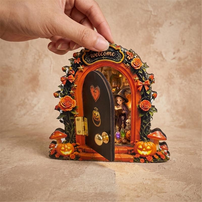 Wooden Indoor Halloween Arched Door Plaque Two Layer Sign with Round Adhesive Mounts for Party Entry Accent Use