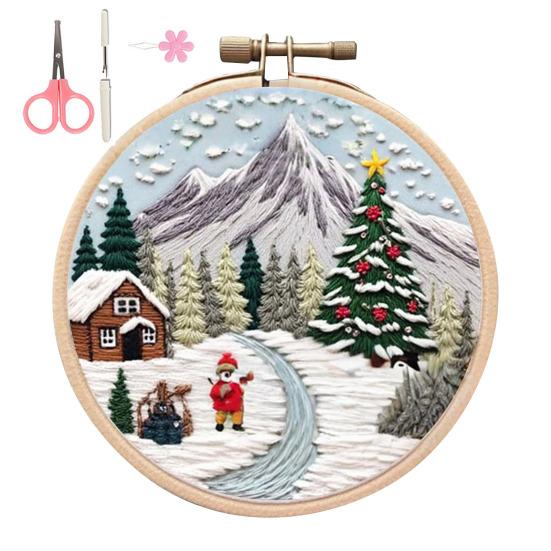 Christmas Embroidery Kit Winter Landscape Embroidery Starter Kit Santa Claus Embroidery Craft Set with Pattern Threads Needles for Beginners Adults