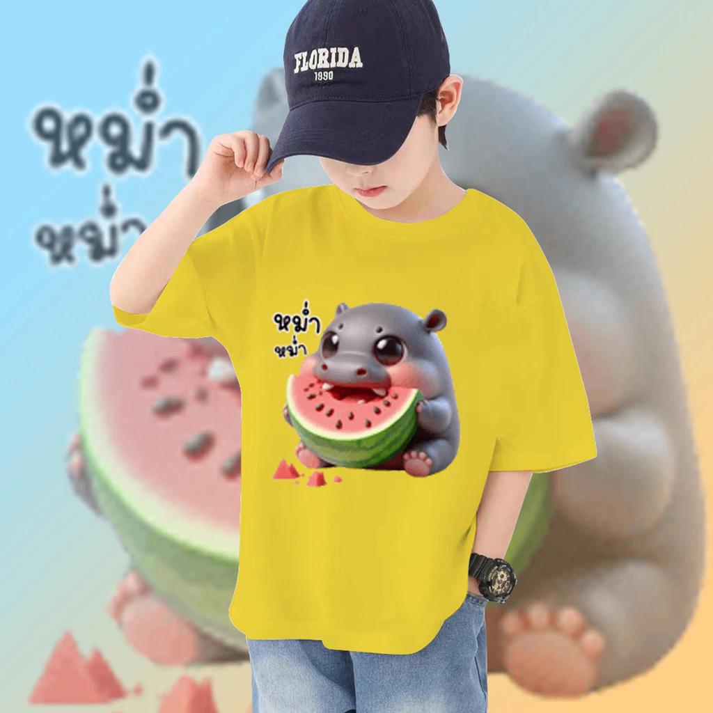 Moo Deng Tiny Baby Hippo Star Thailand Cute Pygmy Hippo Unisex Dziecięcy Chłopiec Dziewczynka T-shirt Arbuz Nadruk Krótki Rękaw Okrągły Dekolt