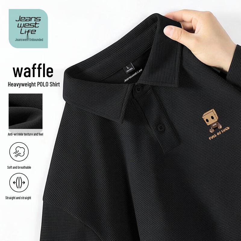 JEANSWEST LIFE Unisex Waffle-Knit Cartoon Print Polo Shirt 2XL