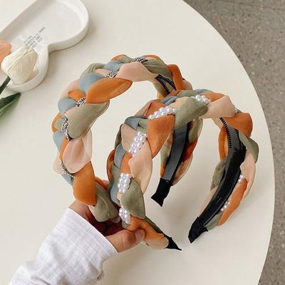1pc Rainbow Braided Pearl Drill Strip Wide-brimmed Headband Fashion Hair Accessories Women Trend Twist Braid Hairband Girl Hair Band