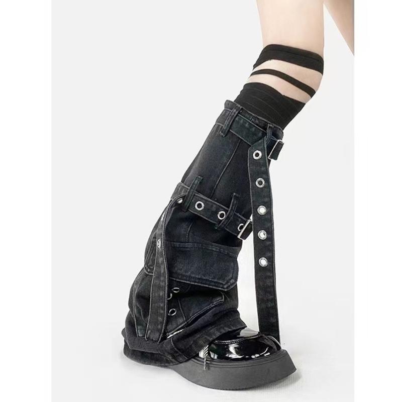 Womens Harajuku Punk Denims Flared Leg Warmer Metal Buckled Straps Pocketed Cargo Boot Cover Long Stockings Streetwear