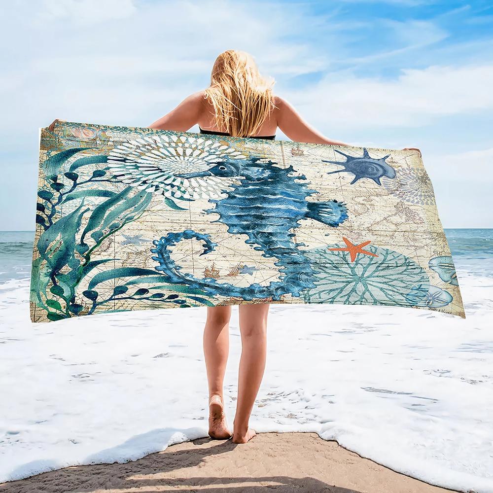 Summer Tropical Ocean Wave Beach Towel Starfish Seashell Print Polyester Bath Towel Quick Dry Sand Free for Swim Pool Travel