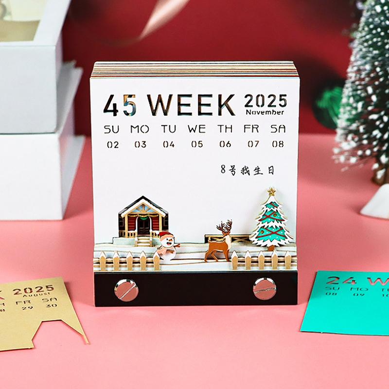 2026 Desk Calendar With Led Light Christmas Snow House Sculpture 3D Tear-Away Calendar Paper Carving Notepad Gift Home Decor