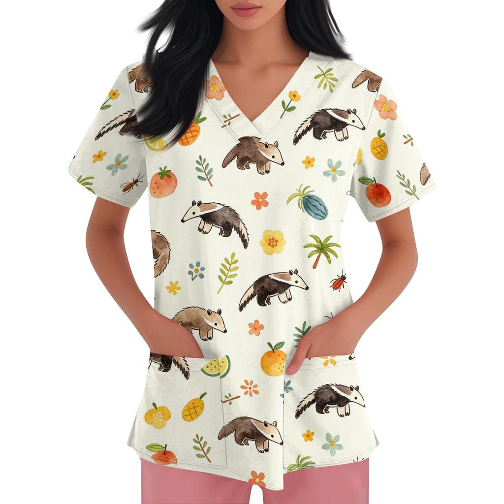 Women's V Neck Short Sleeve Work Top with Pockets Animal Print Medical Scrub Shirt for Healthcare Professionals Comfortable Fit Durable Fabric