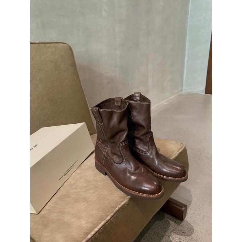 Sheepskin~ Western Cowboy Boots Women's Autumn and Winter Maillard Skinny Boots Thick Heel Medium Tube Desert Boots Locomotive Boots