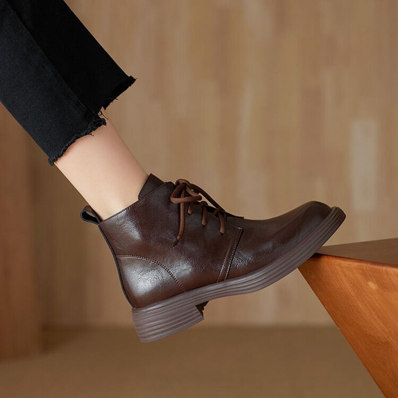 Fashion NEW Autumn Women Boots Split Leather Shoes for Women Round Toe Chunky Heel Shoes Black Lace-up Ankle Boots Casual Chelsea Boots