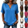Women V Neck Short Sleeve Casual Blouse Lightweight Loose Fit Tunic Top with Roll Up Sleeve Design for Everyday Wear