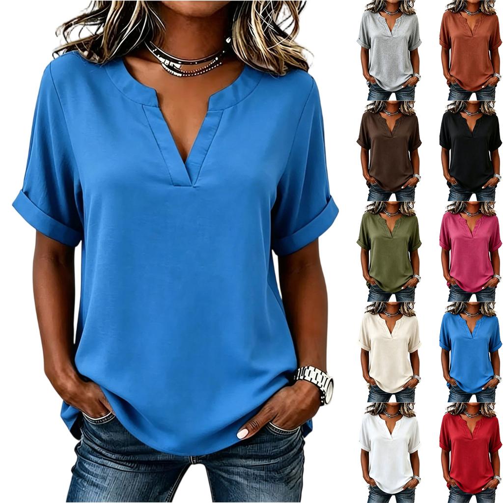 Women V Neck Short Sleeve Casual Blouse Lightweight Loose Fit Tunic Top with Roll Up Sleeve Design for Everyday Wear
