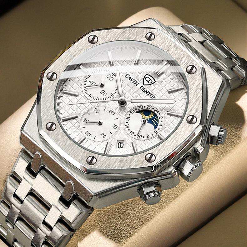 High-End Waterproof Multi-Function Men's Steel Belt Watch with Moon Phase Feature