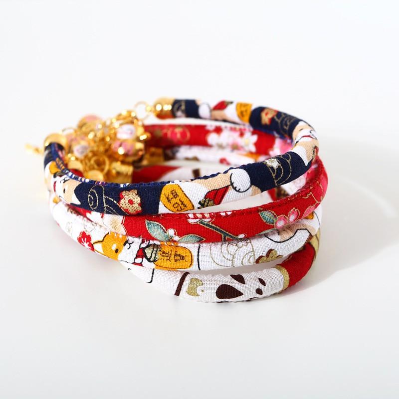 Adjustable Pet Collar With Japanese Floral Shiba Inu Maneki-neko Charm Copper Bell Cats Dogs