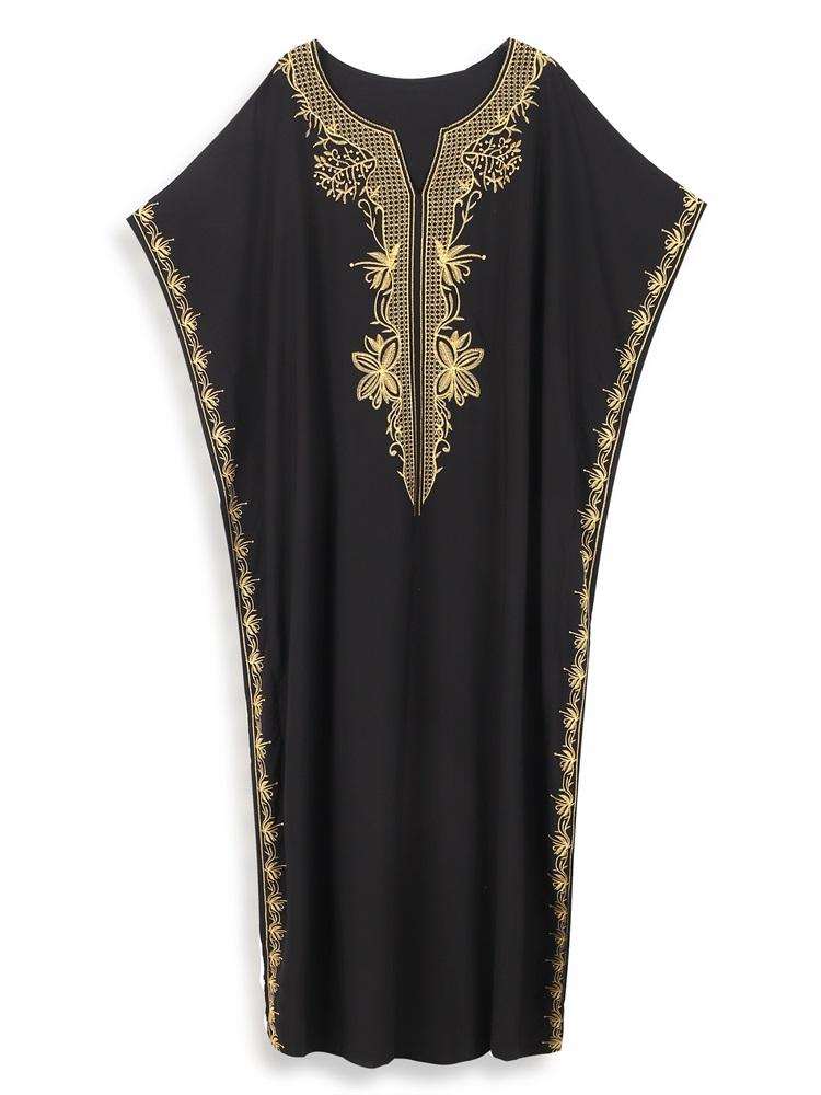 EDOLYNSA Solid Color Vintage Embroidered Bat Sleeve Kaftan Tunic Casual V-neck Side Split Beach Maxi Dress Summer Women Beachwear Swimsuit Cover Up