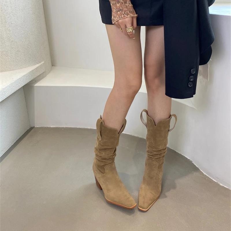 Women's Boots 2024 Classic New Pointed Toe Women's Mid Calf Boots Solid Simple Suede Platform Boots Botas Altas Plataforma Mujer