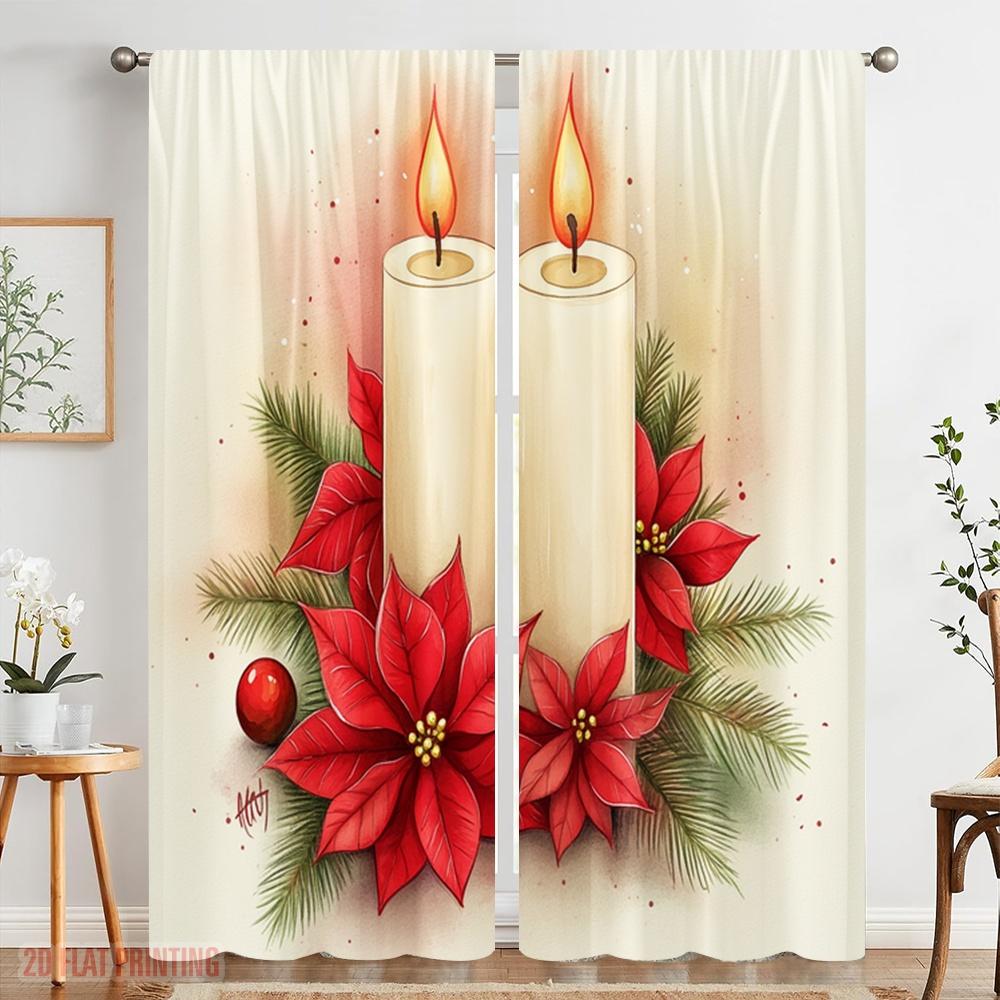2pcs,2D Plane Printing Curtain Popular Christmas Candles Poinsettias Pinecones (2) 100% Polyester (without Rod) Home Decor Ldeal