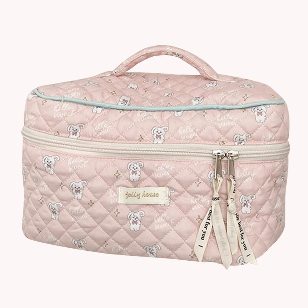 Korean Cute Cosmetic Bag Portable Zipper Toiletry Bag Quilted Travel Organizer Large-capacity Floral Print for Ladies Girl