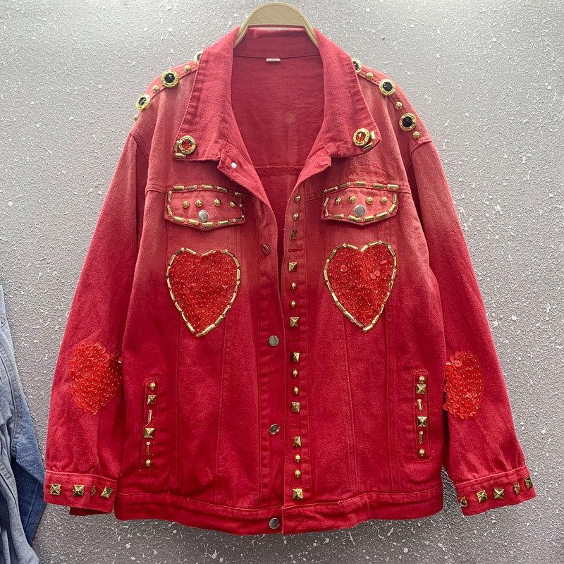 European and American Style Design Autumn and Winter New Heavy Industry Nail Drill Sequins Love Red Denim Jacket Women's Cross-border Trendy Brand