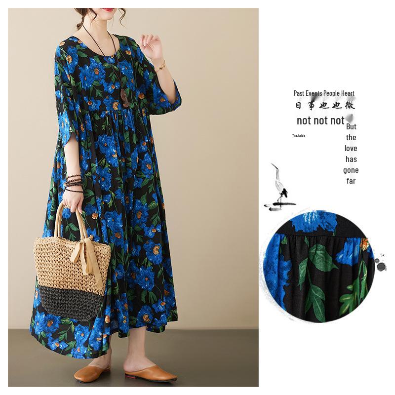Blue Floral Cotton Linen Plus Size A-Line Dress - Summer 2023, Short Sleeve, Loose Fit