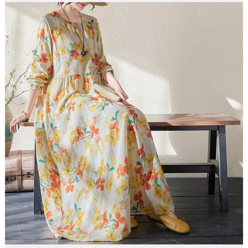 DIMANAF 2024 Rochie de primăvară mărime Plus pentru femei, rochie boemă ocazională cu imprimeu floral, rochie lejeră pentru plajă, decolteu O, verde, femeie