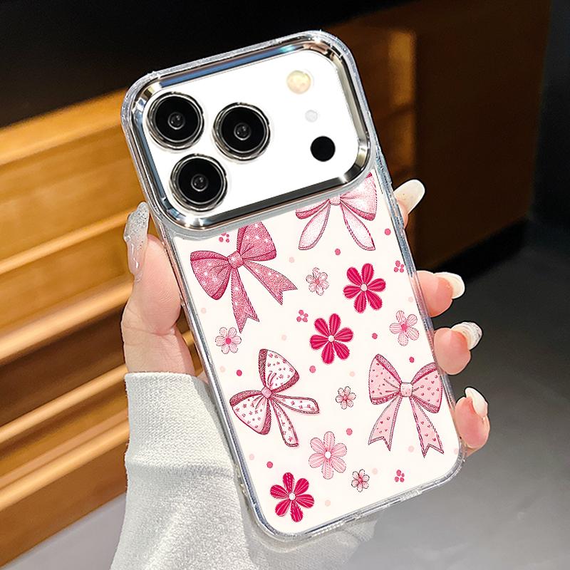 Cute Cartoon Bowknots Print Case For iPhone 17 Pro Max iPhone 16 15 14 13 Pro Max 11 17e 16e Plating Lens Frame Clear Soft Silicone Back Cover