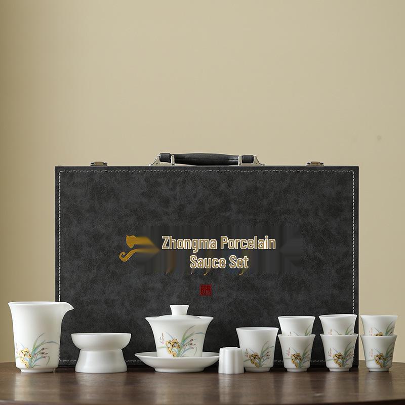 Icy Mutton Fat Jade Kung Fu Tea Set: Luxury White Porcelain Teacups & Teapot with Gift Box Standard