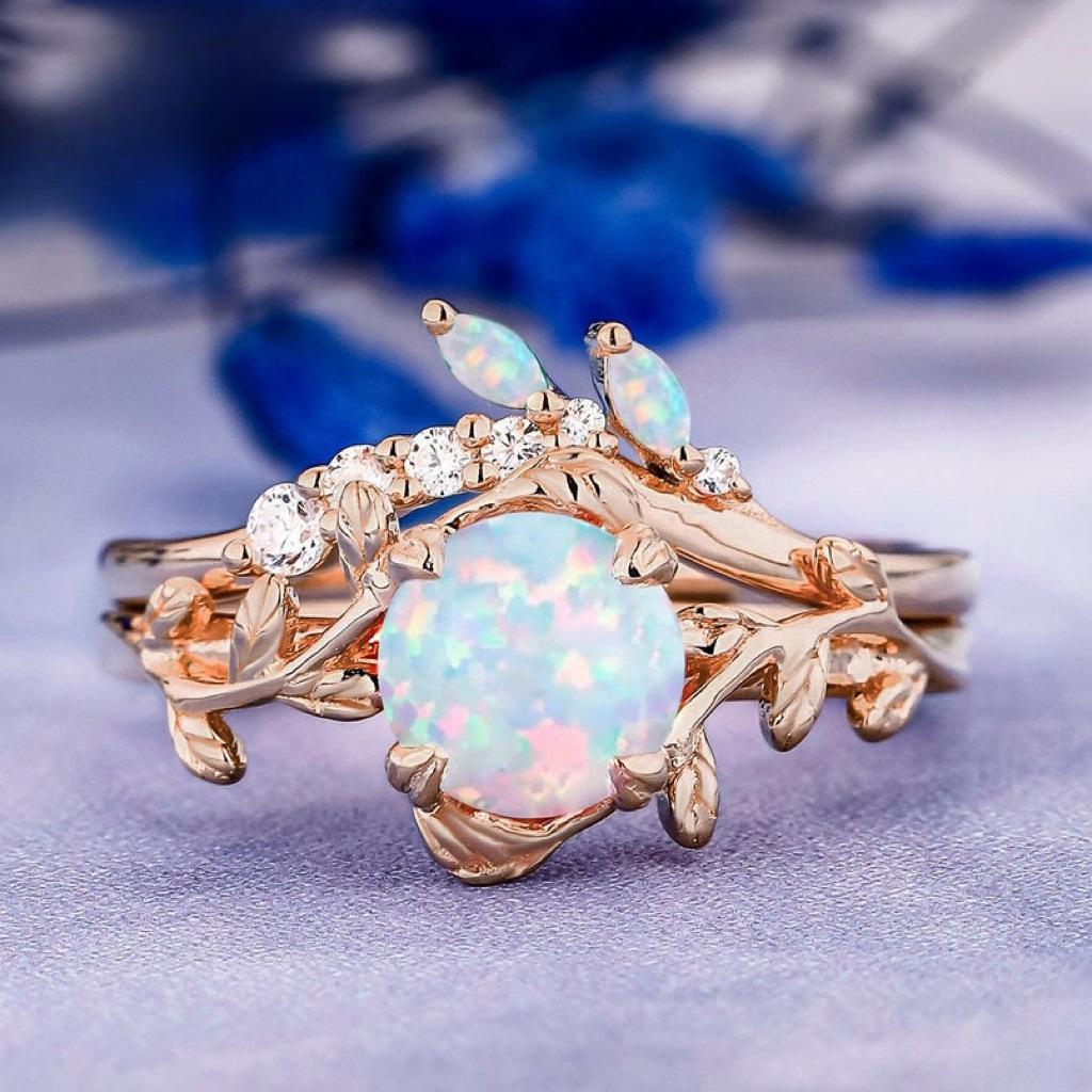 

Rose Gold Opal Wedding Rings with Branch Cross Design Size 10