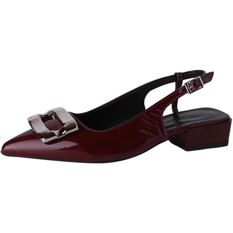 Metal Square Buckle Bag Head Sandals Women's Summer Versatile Thick Heel Pointed Head One Word with Patent Leather Shoes