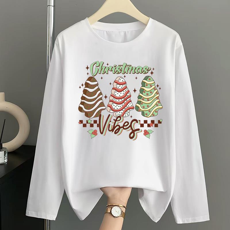 (Asian Size) Lovely Letter Merry Christmas New Year Graphic Tee Women Casual Fashion Top O-neck Clothing Print T Shirt Long Sleeve T-shirts