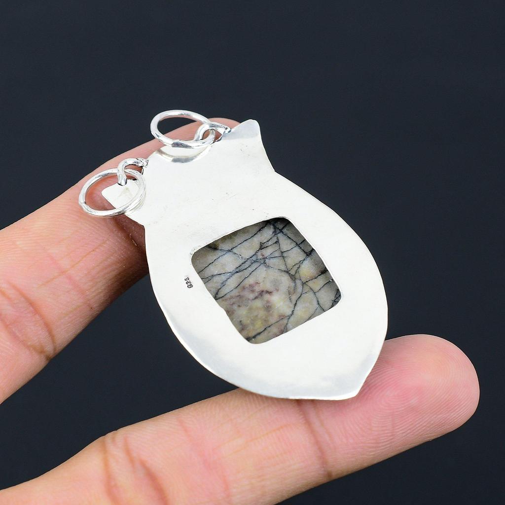 Daughters Day Deal Cushion Spider Web Jasper Gemstone 925 Silver Pendant Jewelry