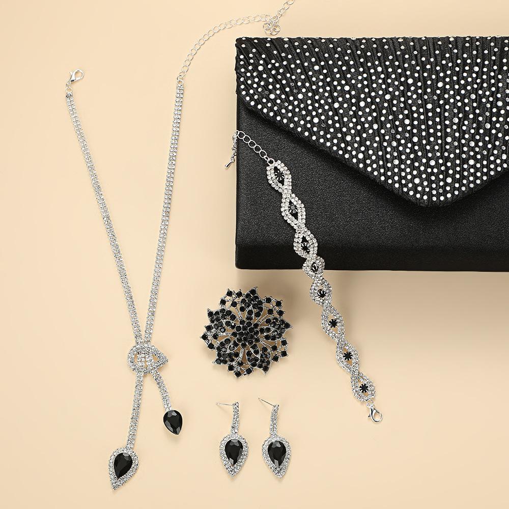 Elegant Women's Jewelry Set with Bag - Rhinestone Necklace Earrings Bracelet for Wedding Banquet Party