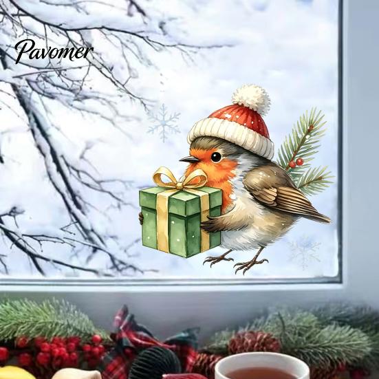 Waterproof PVC Glass Film Christmas Bird Static Window Clings, Decals with Santa Hat And Decorative Stickers for Home Gift Box, Removable Holiday Door
