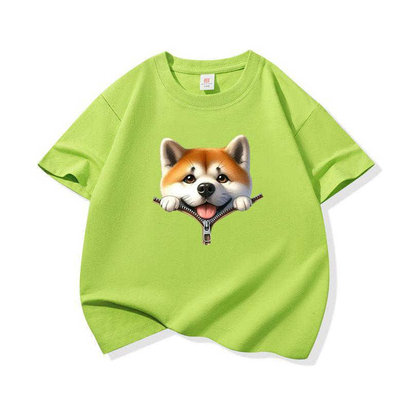 Kids Pure Cotton T Shirt Adorable Dog Zipper Print Crew Neck Short Sleeve Tee Casual Breathable Boys Girls Summer Tops