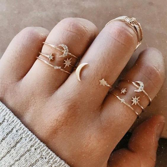 Bohemian 5-Piece Star, Moon, Butterfly Rings Set with Full Diamond Inlays - European & American Style