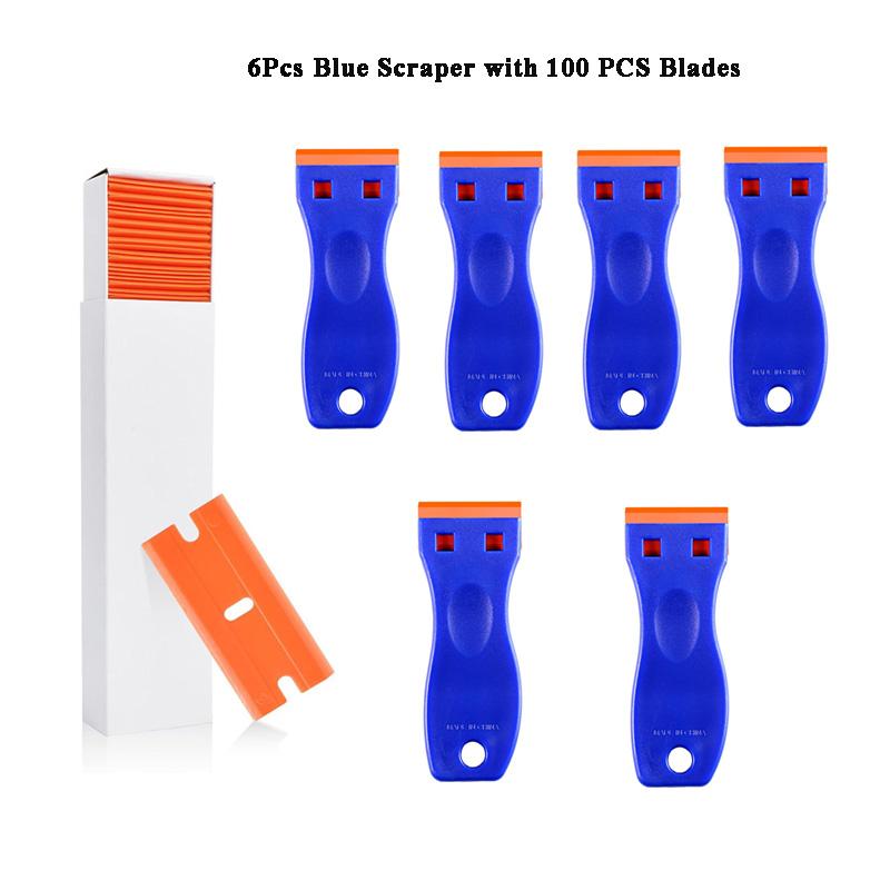 Plastic Razor Blade Scraper with 100 Pcs Plastic Blades Window Cleaning Scraper for Removal Glue Labels Sticker on Car Glass