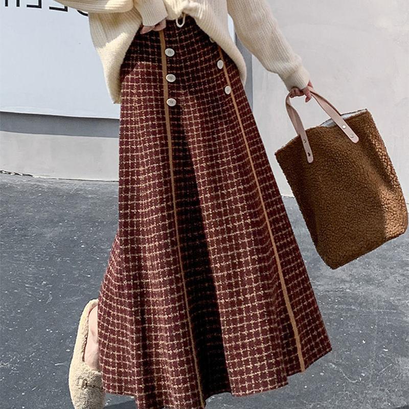 Winter verdickte Rippenstrick-Maxi-Langröcke mit großem Schwung. Elegante, solide A-Linien-Plissee-Knöchellängen-Strickröcke