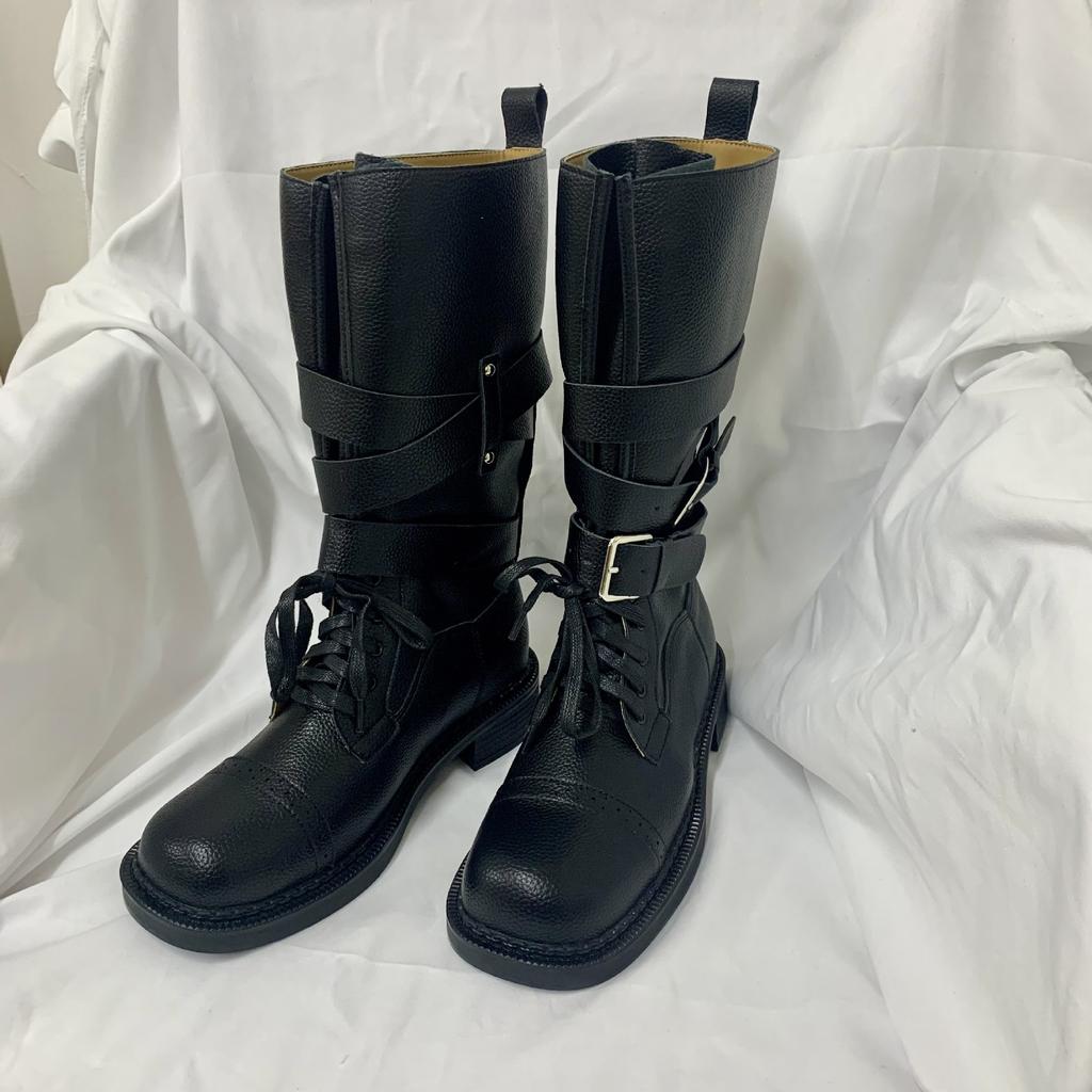 Cowhide Niche Leather Retro Mid-range Western Boots Women's Thick Heel Handsome Locomotive Boots Martin Boots Slim Knight Boots