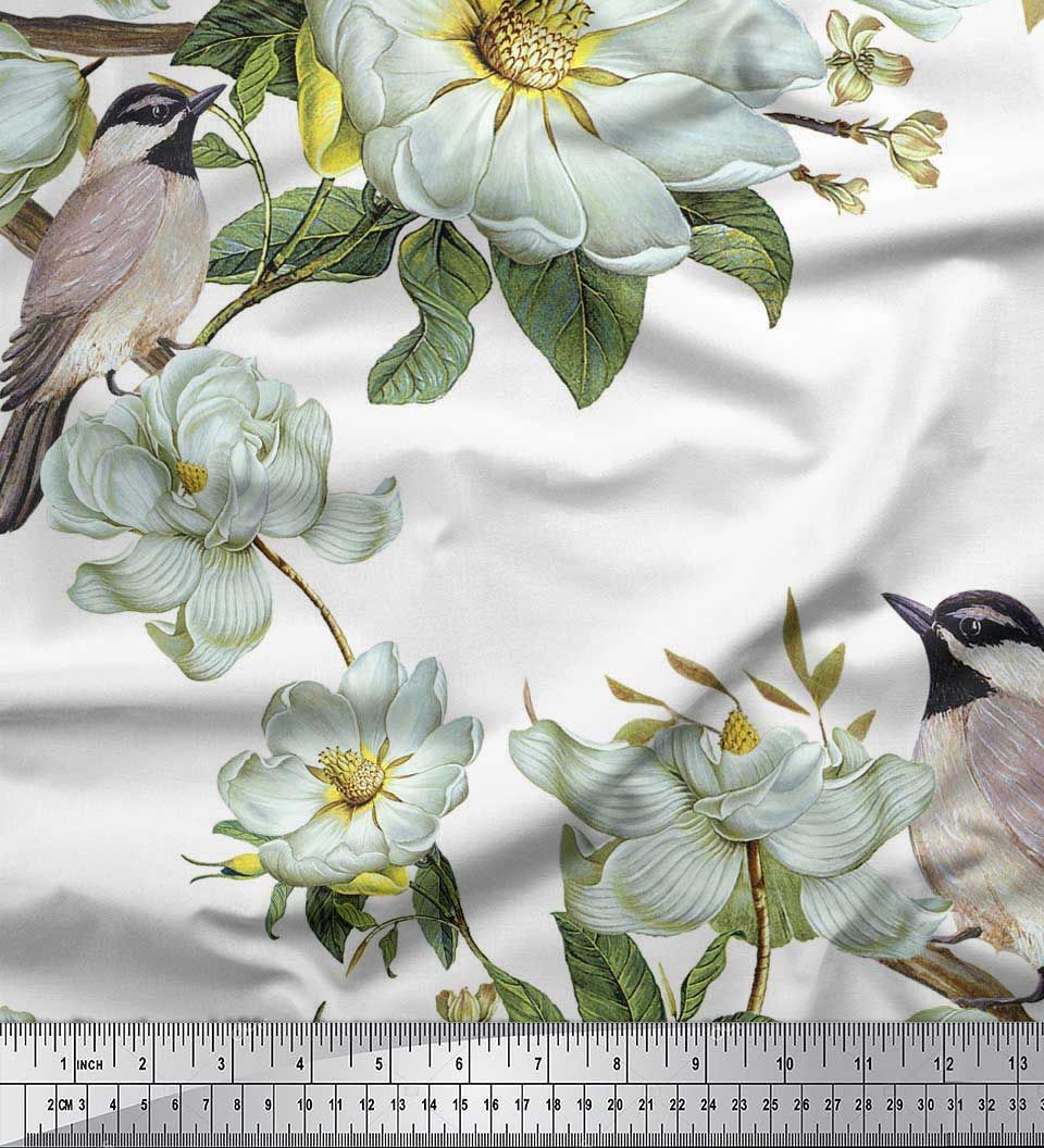 

Тканина для рукоділля Soimoi Japan Crepe Satin Leaves, Magnolia & Carolina Chickadee Bird Printed 42 дюйми 42 Inch Wide - Poly Crepe білий